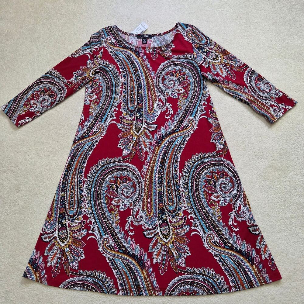 NWT Roz & Ali PM Shift A-Line Pullover Dress 3/4 Sleeve Red Paisley Below Knee